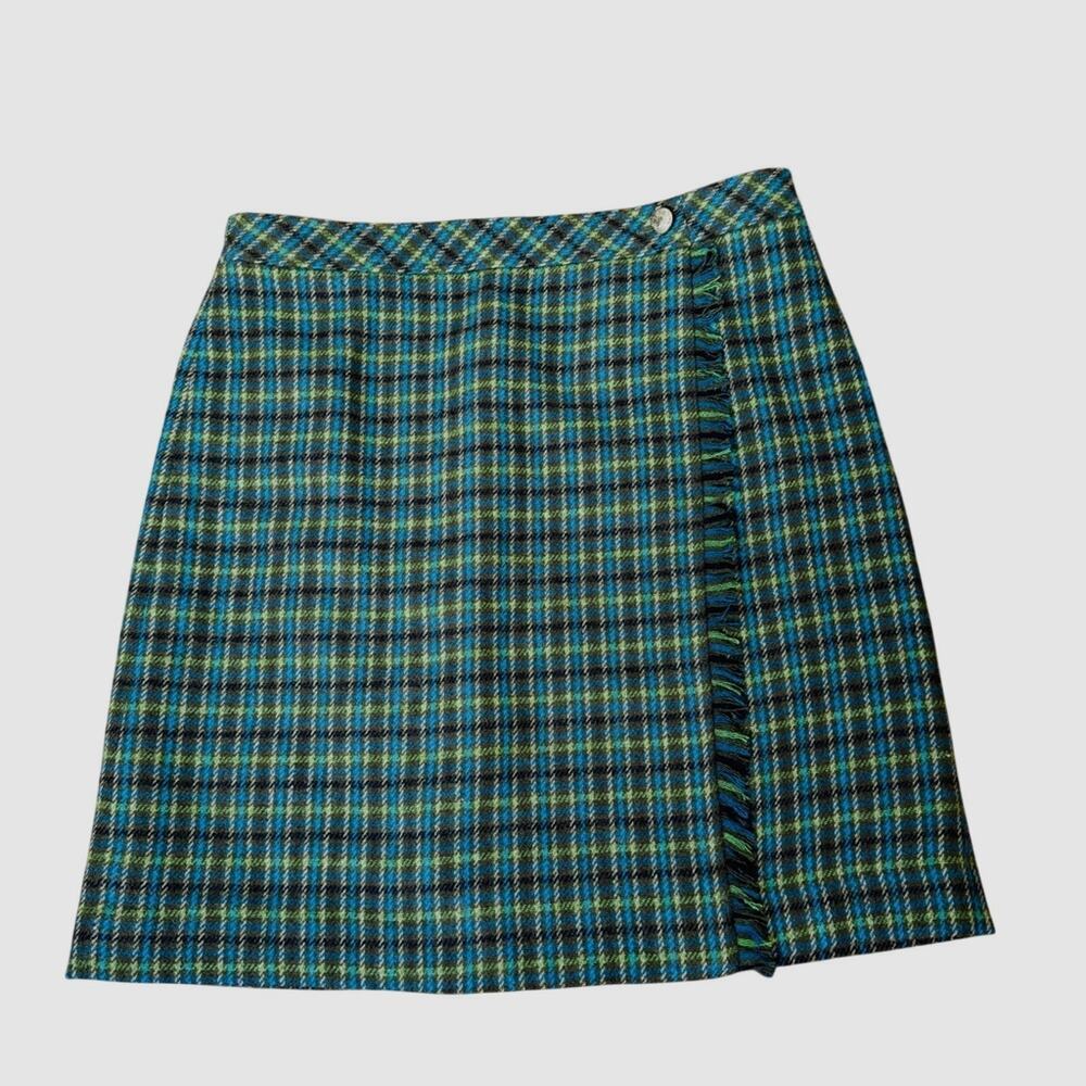 Talbots A-Line Plaid Fringe Wrap Skirt Green Blue Size 8 - Picture 3 of 9
